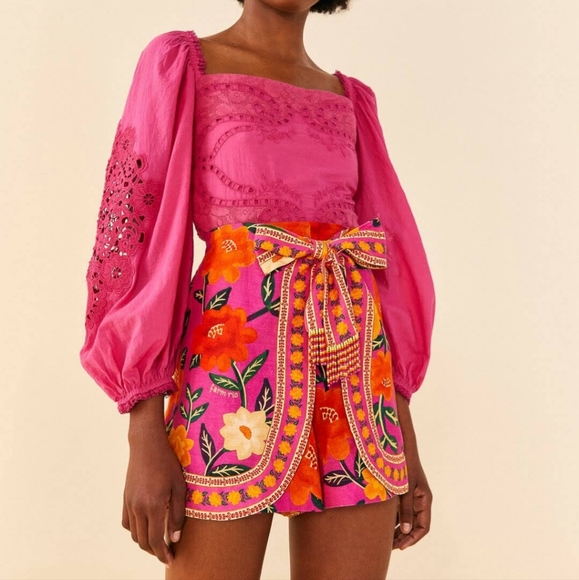FARM Rio Pants - FARM Rio Floral High Waist Shorts in Pink and Orange